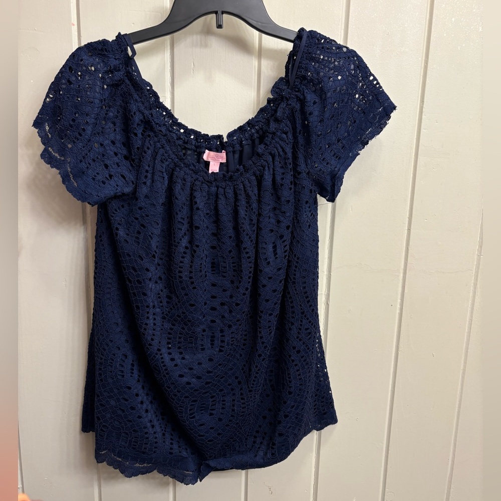 Lilly Pulitzer Navy Crochet Short Sleeve Blouse